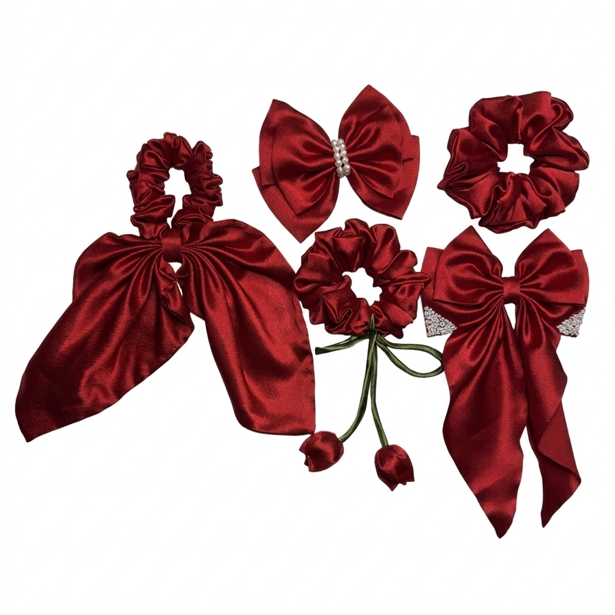 A premium set of 5 ruby red silk satin hair accessories including tulip scrunchies and pearl-centered bows.
