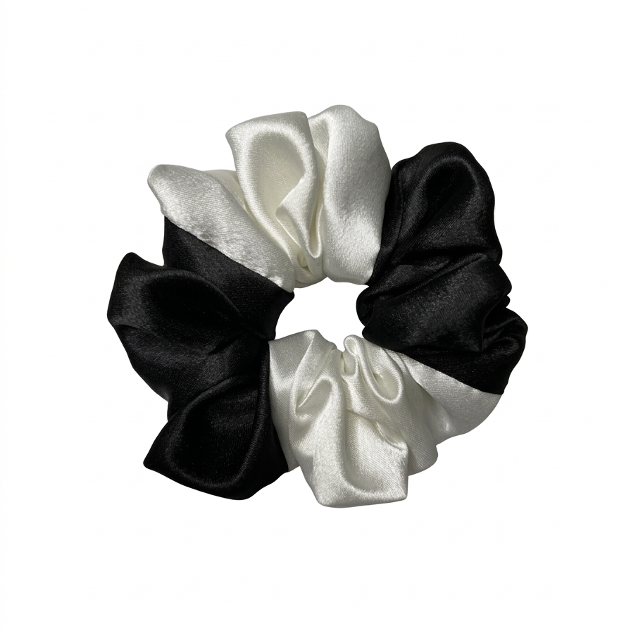 Black White Satin Scrunchie L