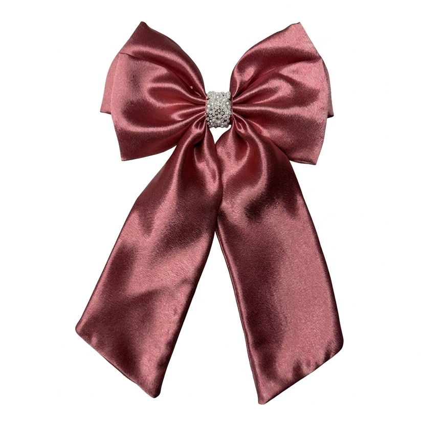 Handcrafted premium big size rose pink satin sailor bow with long tails and a pearl-encrusted centerpiece by Scrunchies Mall