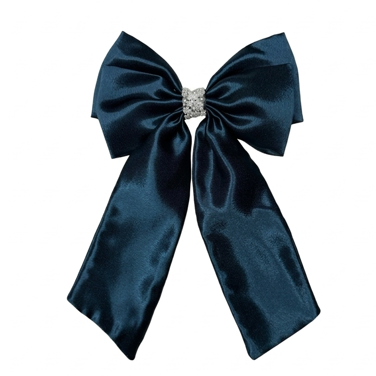 Handcrafted premium big size teal blue satin sailor bow with long tails and a pearl-encrusted centerpiece by Scrunchies Mall