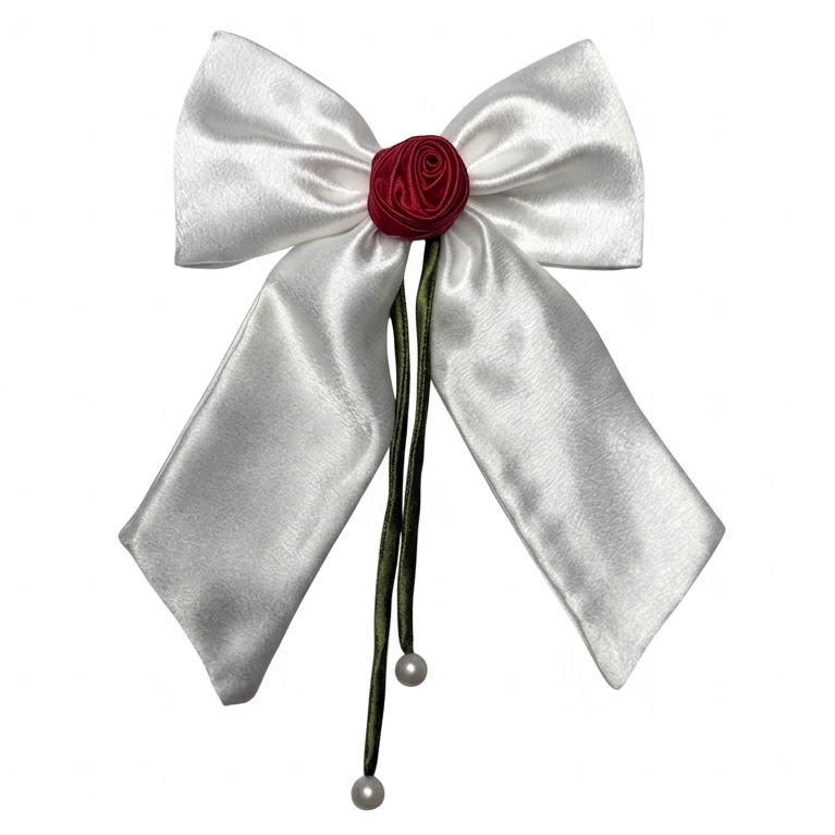 Handmade white silk satin hair bow with a red rose center and pearl-tipped green ribbons