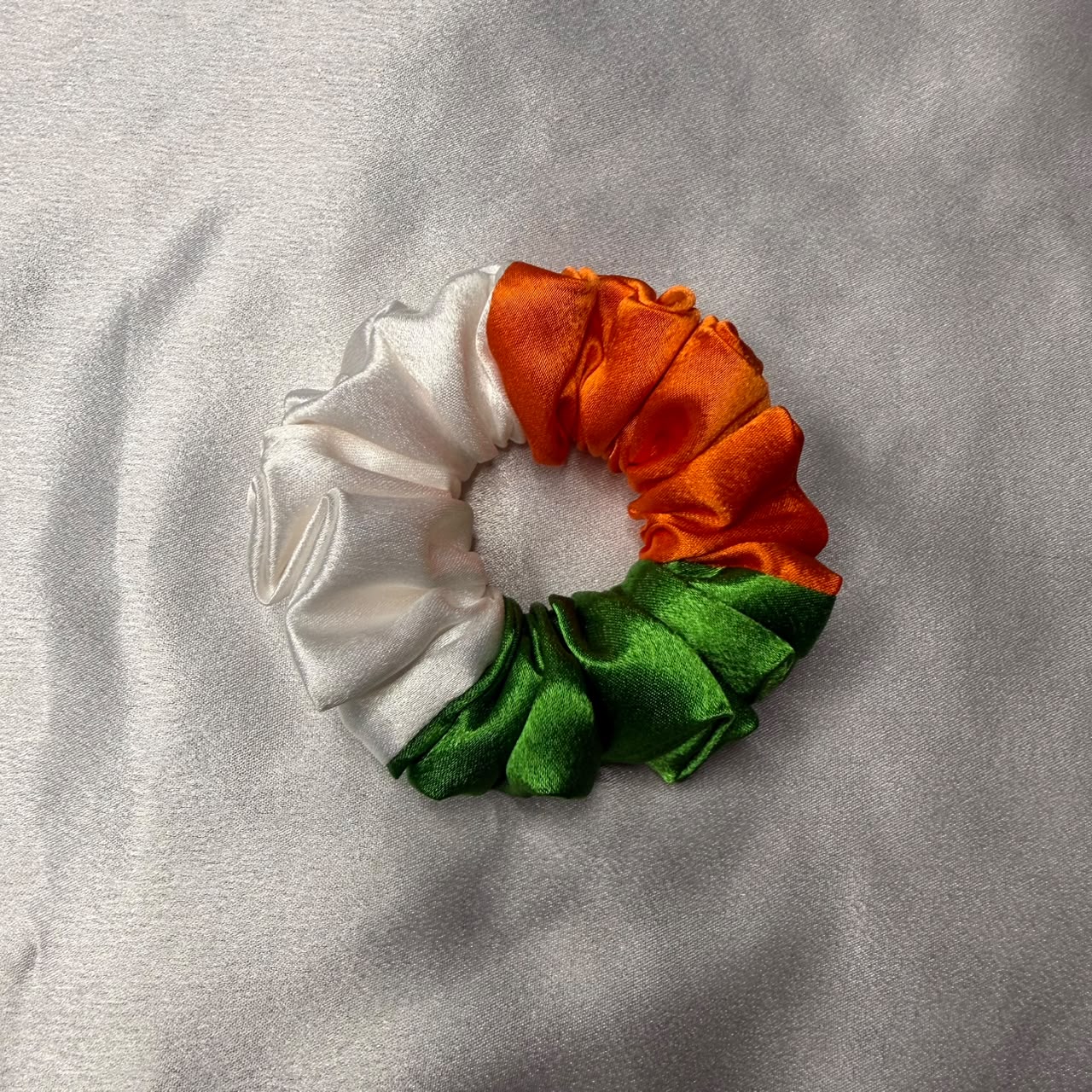 15 August Special Three Shades Satin Scrunchie M Size featuring Saffron White and Green colors by Scrunchies Mall