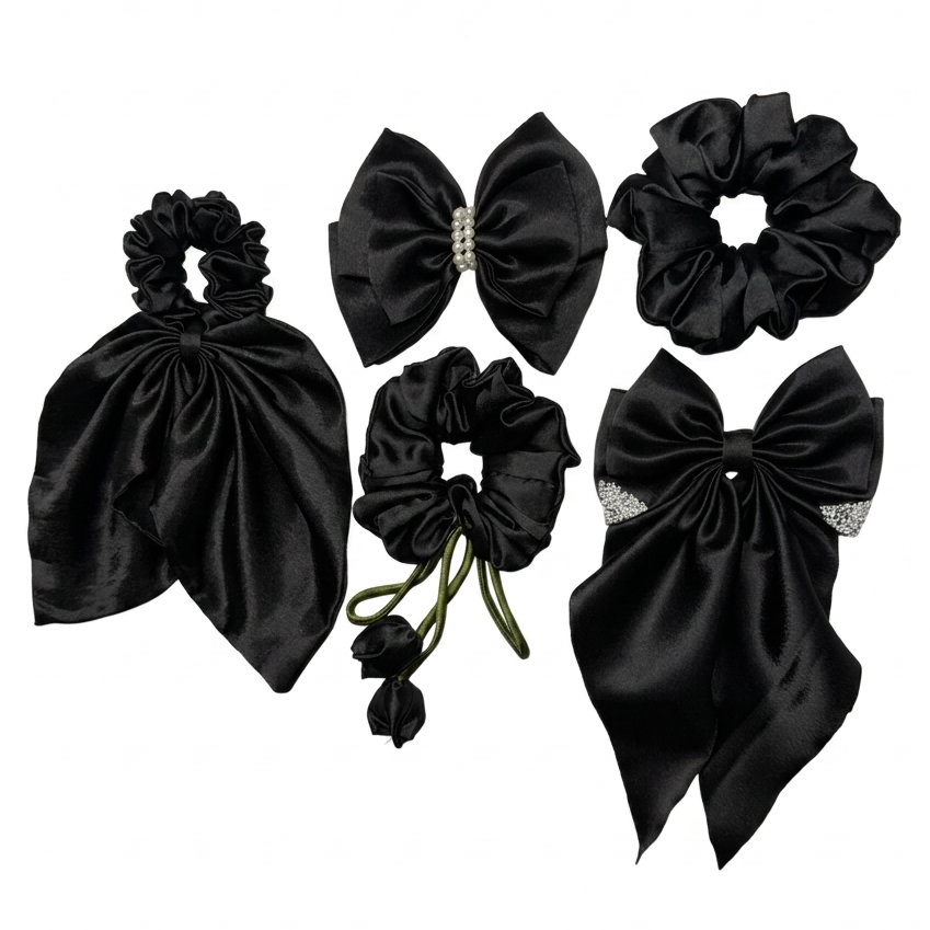A premium 5-piece jet black signature set featuring silk satin tulip scrunchies and pearl-centered bows by Scrunchies Mall.