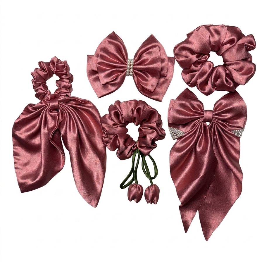 A premium 5-piece rose pink signature set featuring silk satin tulip scrunchies and pearl-centered bows.