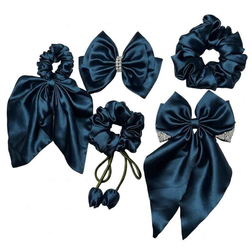 A premium 5-piece teal blue signature set featuring silk satin tulip scrunchies and pearl-centered bows by Scrunchies Mall.