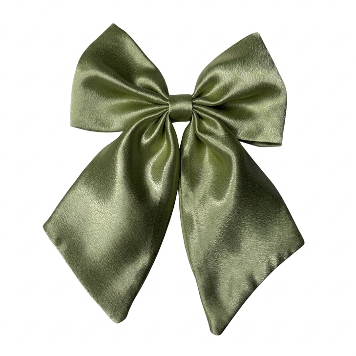 Handcrafted olive green sailor satin bow with long tails by Scrunchies Mall.