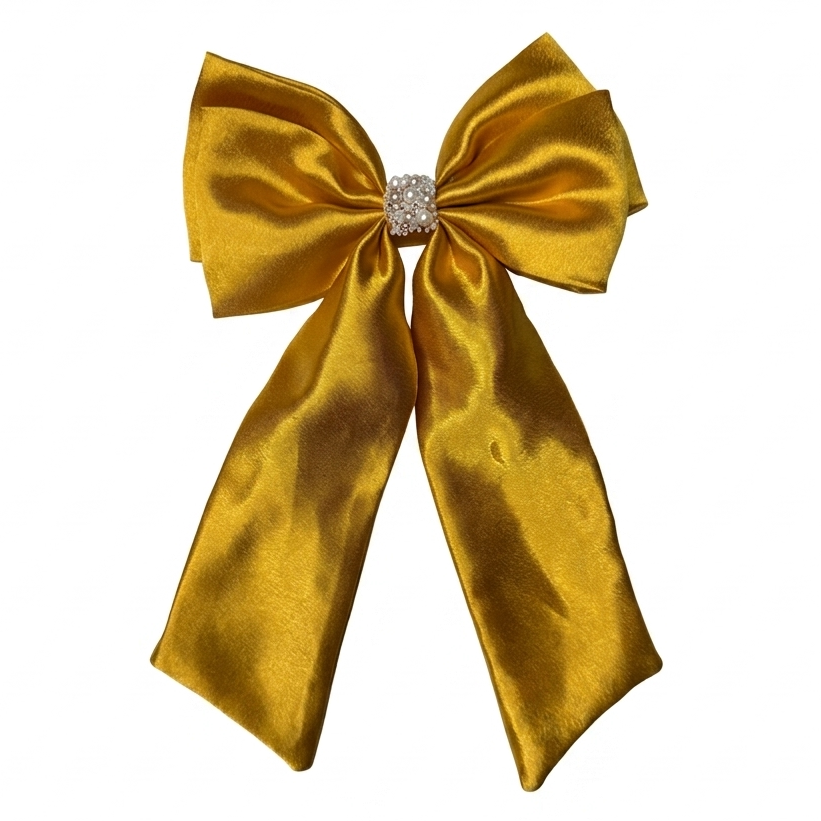 Handcrafted premium big size golden satin sailor bow with long tails and a pearl-encrusted centerpiece by Scrunchies Mall