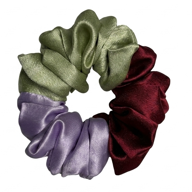 Handcrafted three shades satin scrunchie in M Size featuring olive green, metallic lavender, and royal red by Scrunchies Mall.