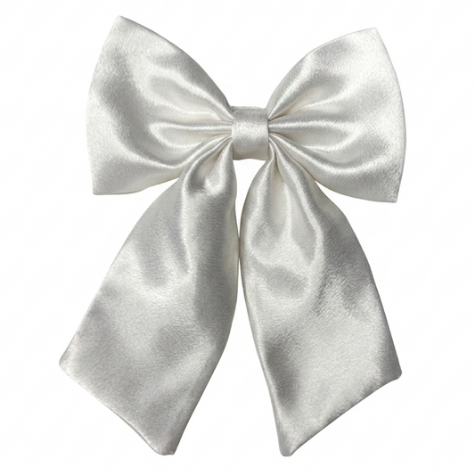 Handcrafted white sailor satin bow with long tails by Scrunchies Mall.