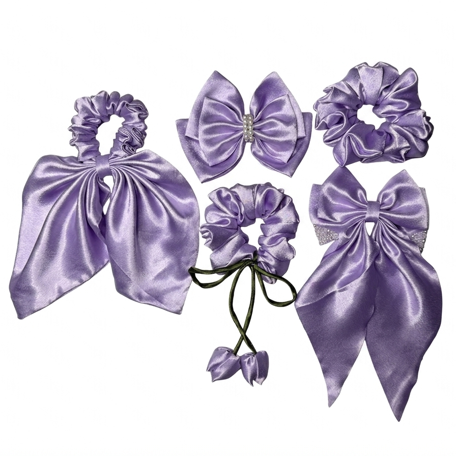 Metallic Lavender Signature Set featuring 5 premium handcrafted satin hair accessories including a tulip scrunchie and pearl bow by Scrunchies Mall