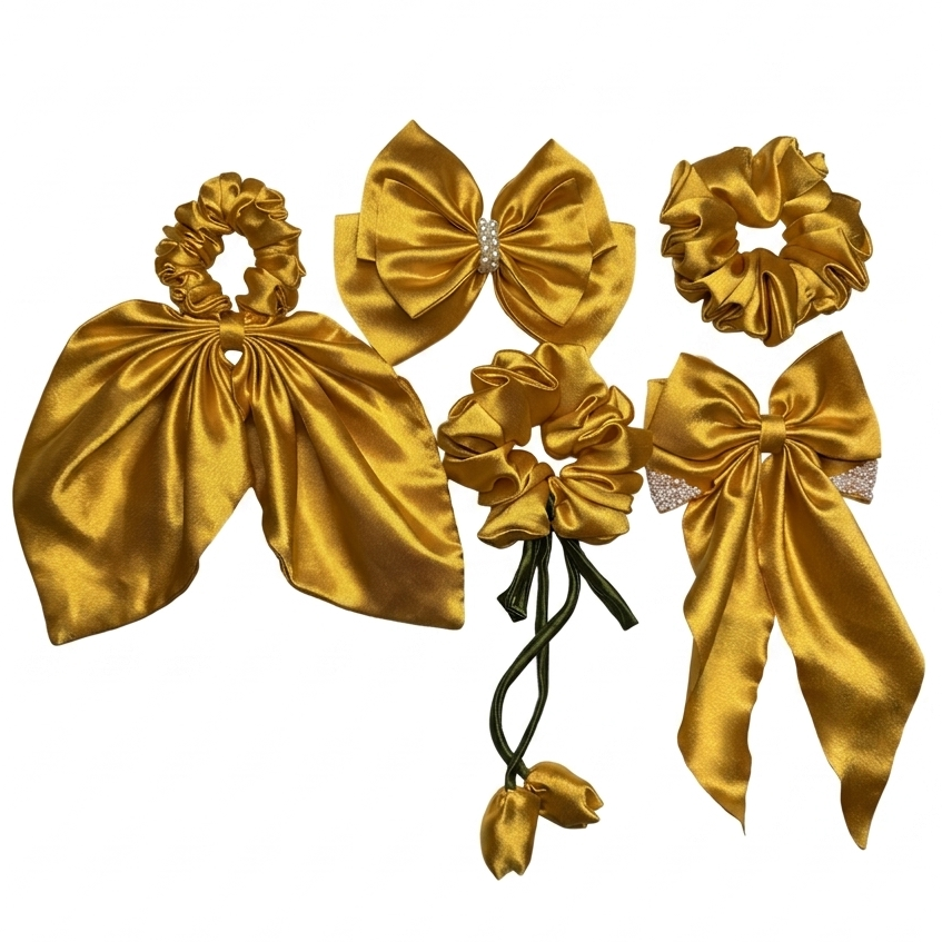 Mustard gold signature set of 5 handcrafted satin hair accessories including tulip scrunchies and pearl bows.