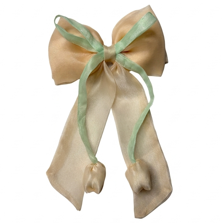 Handcrafted Peach Gold and Mint Green Korean Organza Hair Bow with Tulip Floral Accents