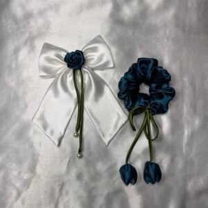 Teal Blue And White Set – Premium Handcrafted Satin Hair Accessories (Set of 2) (Copy)